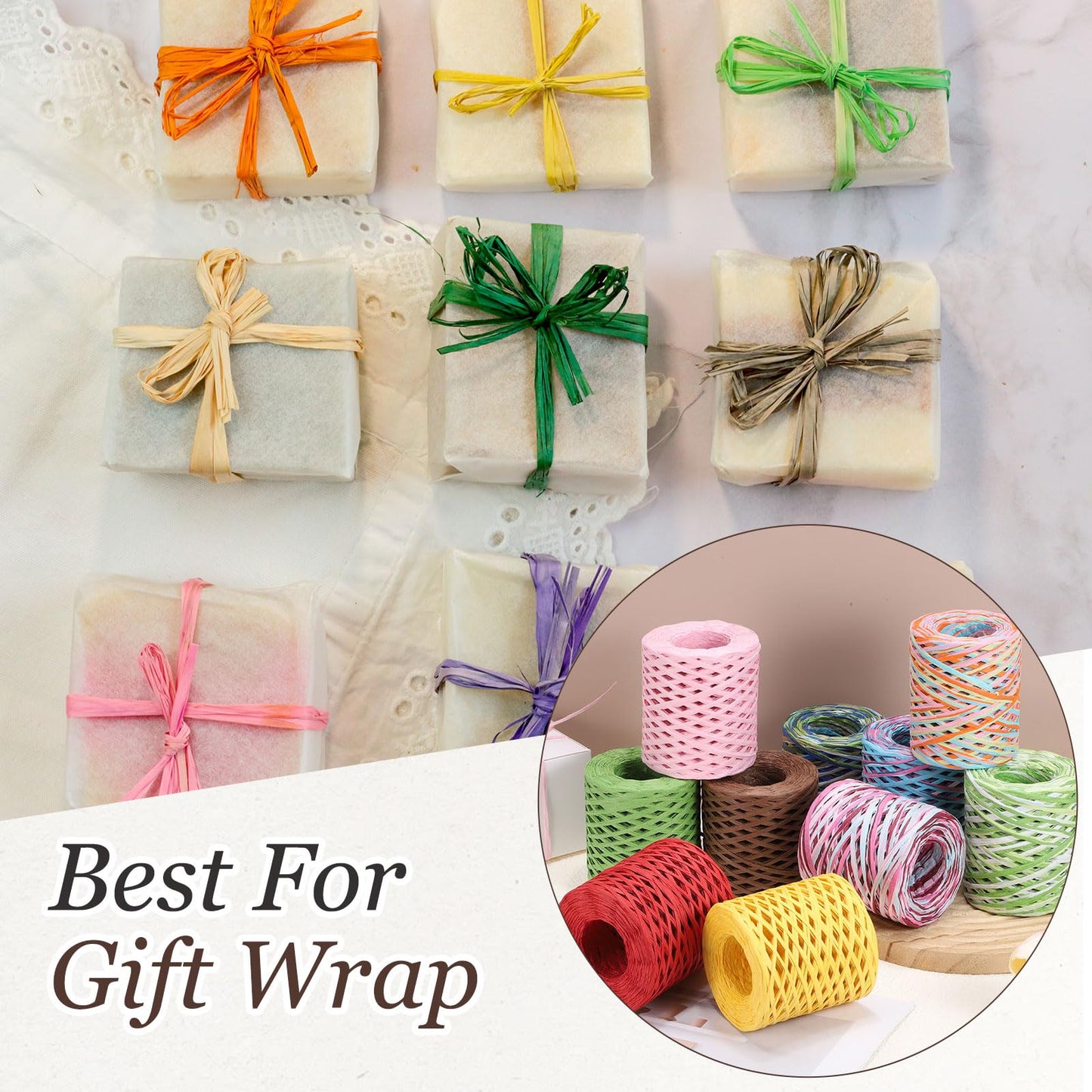 MECCANIXITY Green Raffia Ribbon, 219 Yard Natural Raffia Paper String 4mm Wide Packing Paper Twine Rope for Gift Wrapping DIY Crafts Crocheting Knitting Holiday Decoration