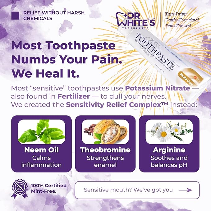 Dr. White’s Fluoride-Free nHA Toothpaste; Dentist-Formulated, Nano Hydroxyapatite + Xylitol, Sensitivity Relief Complex™, Mint-Free, Enamel Safe, Swallow-Safe (3.5 Oz, Passion Fruit Kiss)