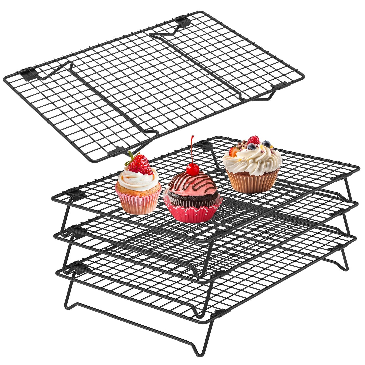 4 Pack Cooling Racks for Cooking and Baking, 13.4 x 9.4 Inch 4-Tier Stackable Tall Baking Racks, Carbon Steel Roasting Wire Rack for Baking, Oven Cooking, Grilling Making Jerky (Black, 13.4“ x 9.4”)