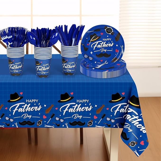 132 Pcs Father's Day Party Supplies for 26 Guests | Disposable Blue Tableware Set with Plates, Cups, Cutlery & Tablecloth