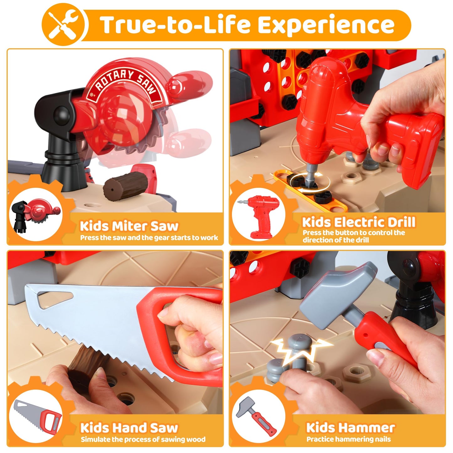 Kids Tool Bench - Power Tools Workshop-Kids Workbench, 65 Pcs Realistic Toy Tools with Electronic Toy Drill, Gift for Boys & Girls Age 3-5, Khaki