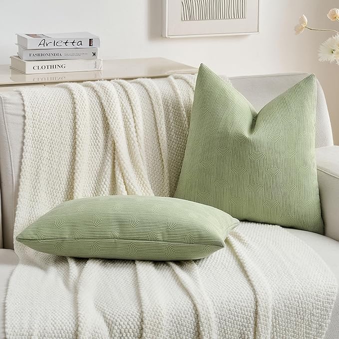 FUTEI Sage Green Chenille Decorative Throw Pillow Covers 16x16 Inch Set of 2,Soft Cozy Striped Geometric Patterns Cushion Case,Modern Home Decor for Couch Bed Living Room