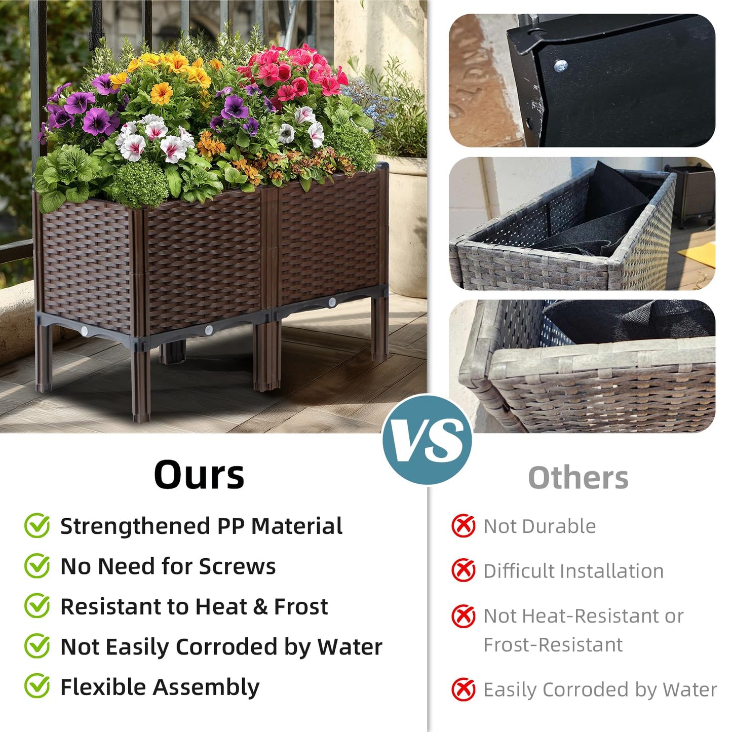 Rattan Raised Garden Bed with Legs-Rectangular Elevated Deep Planters for Outdoor Plants, Self Watering Planter Box 32"L x 16"W x 20"H, Rectangular Deep Garden Bed for Vegetables, Flowers, Herbs