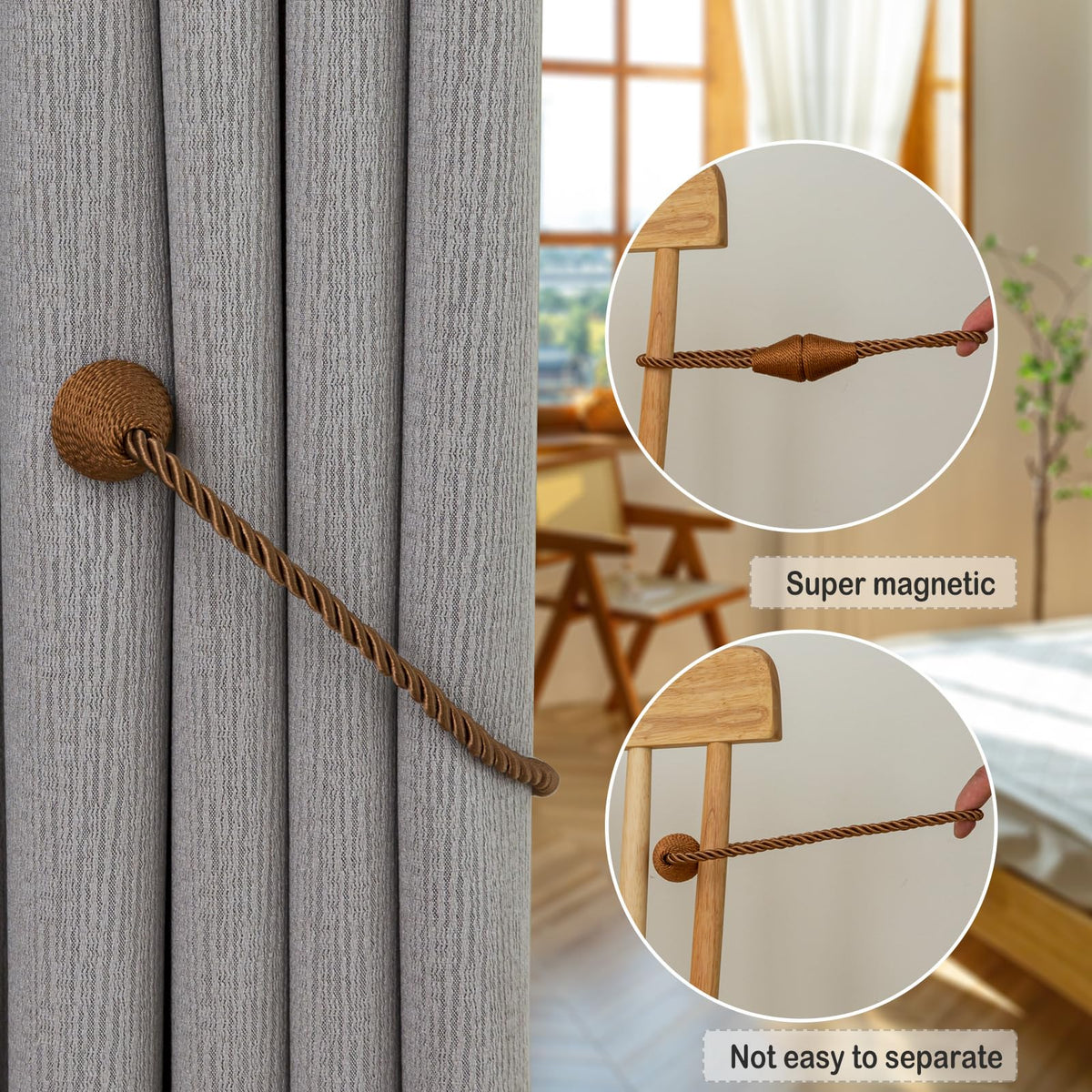 Magnetic Curtain Tiebacks 6 Pack Outdoor Rope Curtain Tie Backs Decorative Window Treatment Holdbacks for Home Decorative Curtain (6 Count)