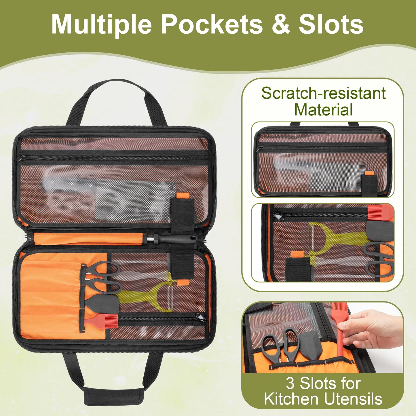 samdew Chef Knife Storage Bag, Kitchen Tool Organizer with 18 Utensil Slots, Knife Set Carrying Case for Culinary Chef, with Detachable Shoulder Strap for Kitchen, Camping & Travel, Bag Only