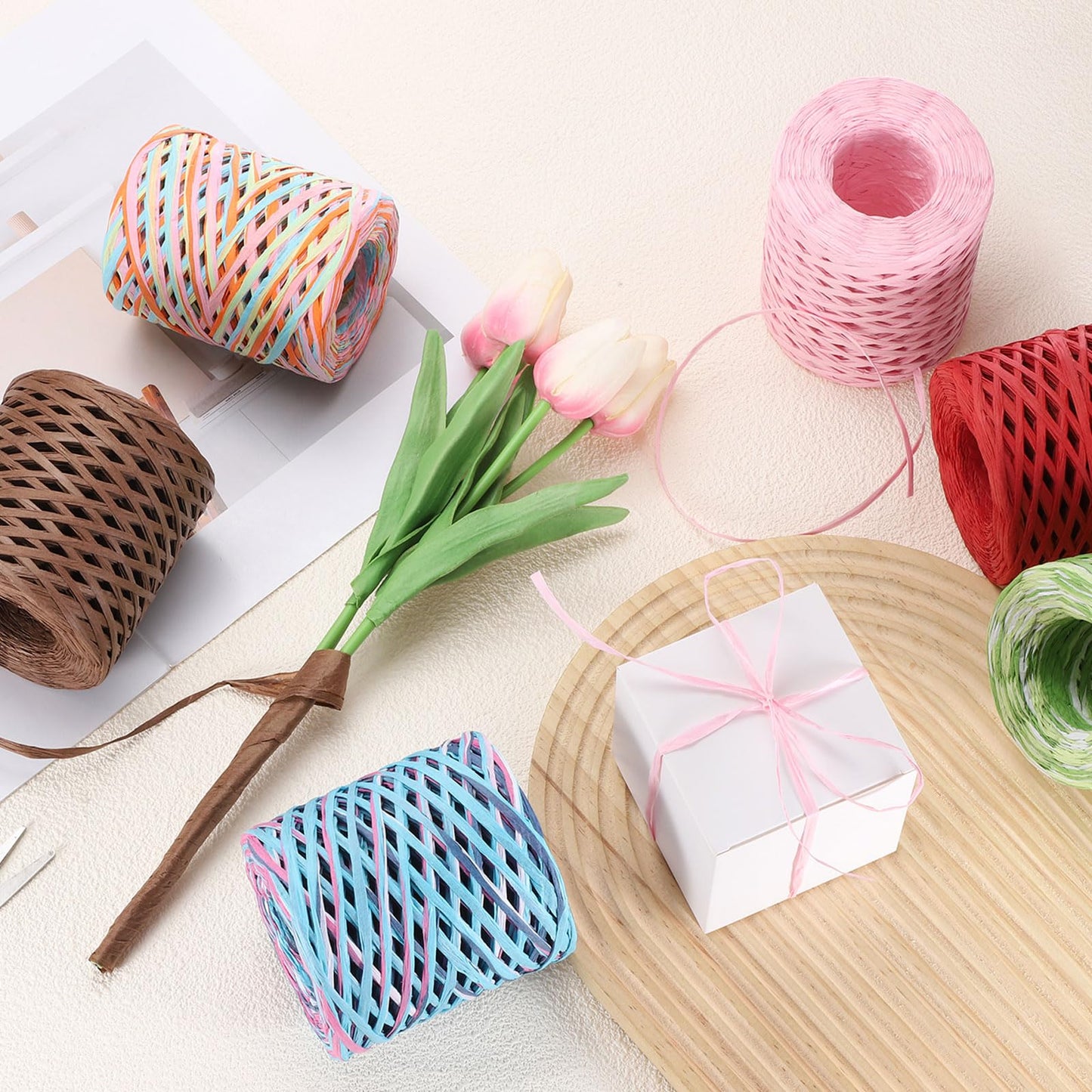 MECCANIXITY Light Yellow Raffia Ribbon, 219 Yard Natural Raffia Paper String 4mm Wide Packing Paper Twine Rope for Gift Wrapping DIY Crafts Crocheting Knitting Holiday Decoration
