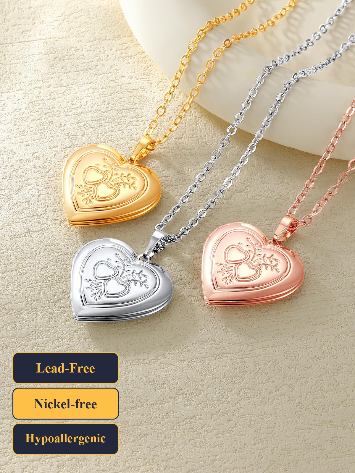 U7 Women Rose Gold Plated Heart & Heart Photo Locket Necklace That Hold Picture, with Gift Box