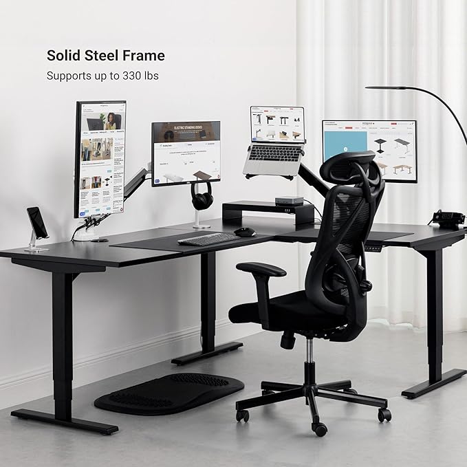 Progressive Desk Stand Up Height Adjustable Standing Desk - L Shaped 85" x 72" Corner Computer Rising Workstation Electric Table - White Frame, Ebony Oak Top