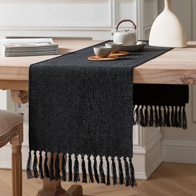 ZeeMart Black Table Runners 108 Inches Long, Burlap Linen Style Rustic Farmhouse Table Runner, Long Boho Dining Table Runner, 13x108 Inches, Black
