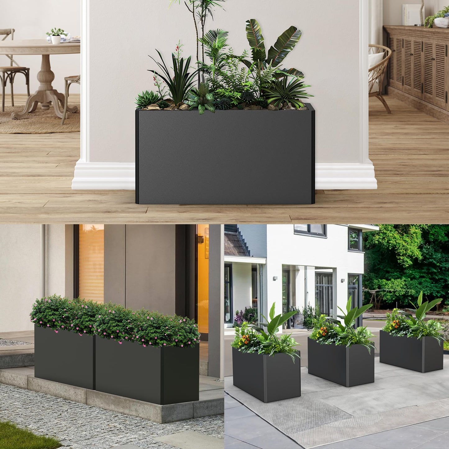Ganeekiron Metal Planters - Rectangular Planter, All-Weather Durable with 4 Drainage Holes, 25x11x13 Inches for Porch & Patio, Black
