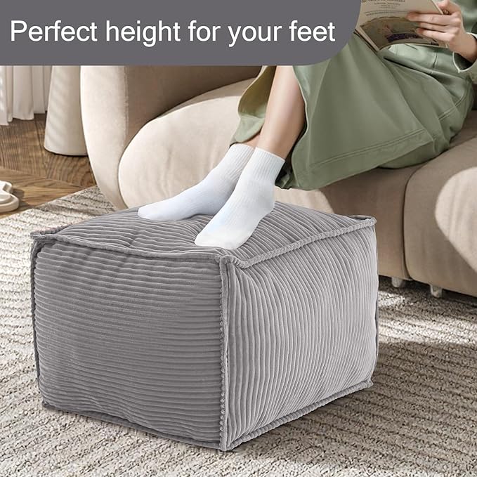 MeMoreCool Square Stuffed Pouf Ottoman Foot Rest, Corduroy Floor Pouf Foot Stool with Foam Chunk Filling, Soft Stuffed Ottoman Footrest for Living Room, Light Grey