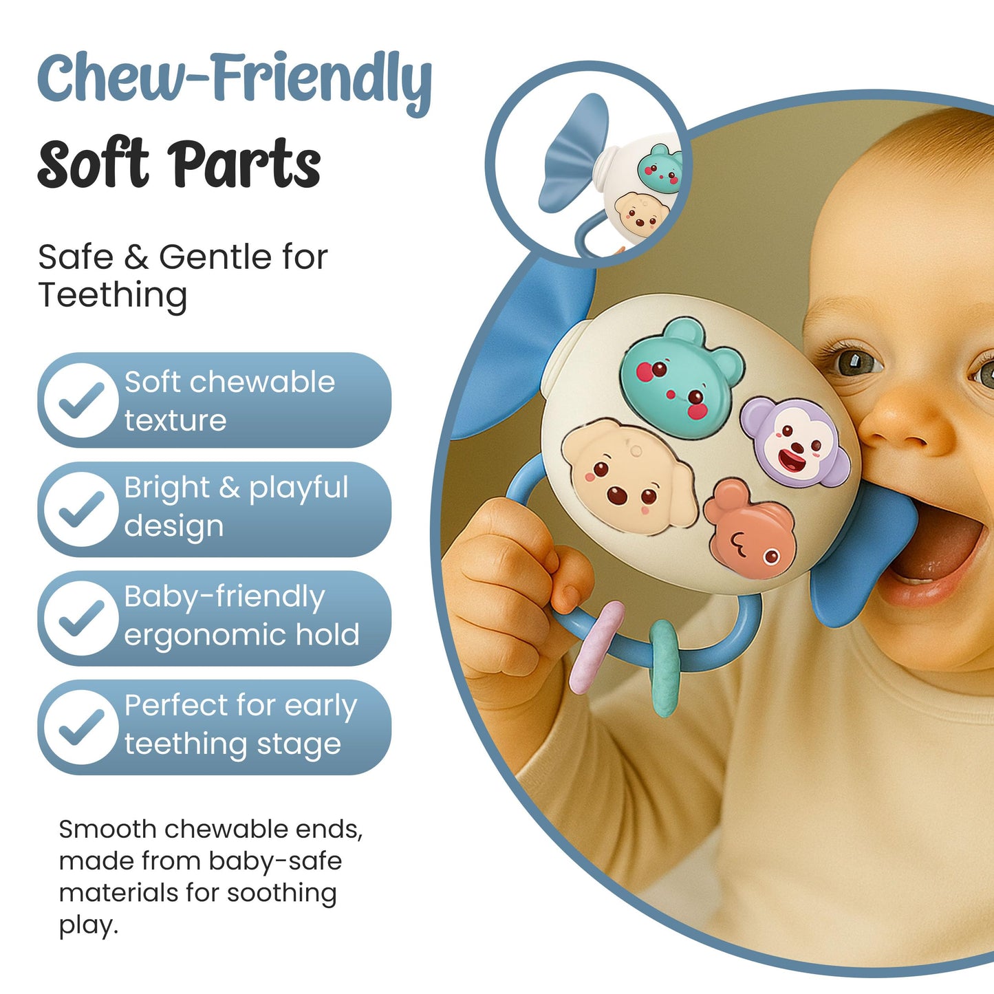 Rattle Teether (2 in 1) Candy Shape with Animals Theme, Musical Learning and Lighting, BPA-Free, Safe Chewable, Soothing Toy, Best for Infants, Baby Shower, Birthday Gift (Blue)