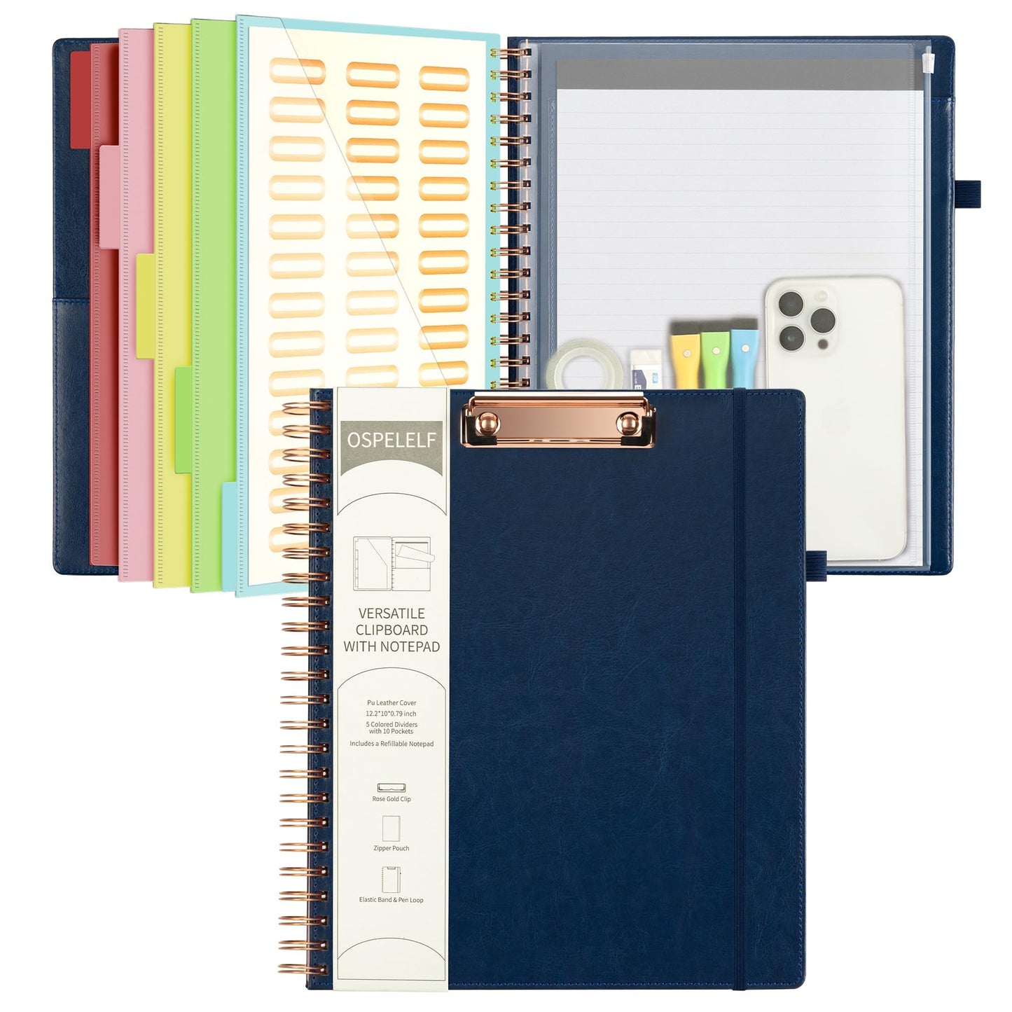 Ospelelf Leather Clipboard Folio with Notepad for Letter Size, Spiral Clipboard Folder with Storage Zipper Pouch, 5 Folders with 10 Pockets, 39 Divider Label Stickers, Pen Loop Series (Blue)