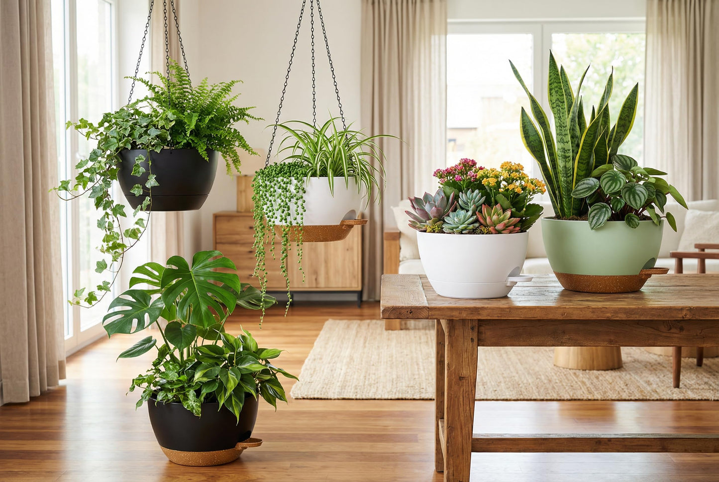 XQSHPDM Hanging Planters, 3-Pack 10 Inch Self-Watering Pots with Drainage Holes and Chains, Matte Plastic Planters for Indoor/Outdoor Plant（White）