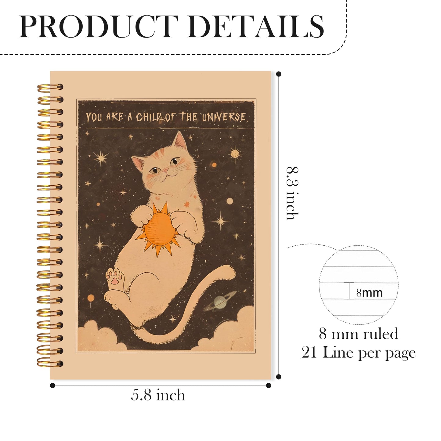 LADOCK Boho Space Cat Notebook Journal, Cat Lovers Gifts Journal, Boho Celestial Universe Cute Kitten Spiral Notebook, Cats Mom Lady Gifts for Women, 5.5x8.3