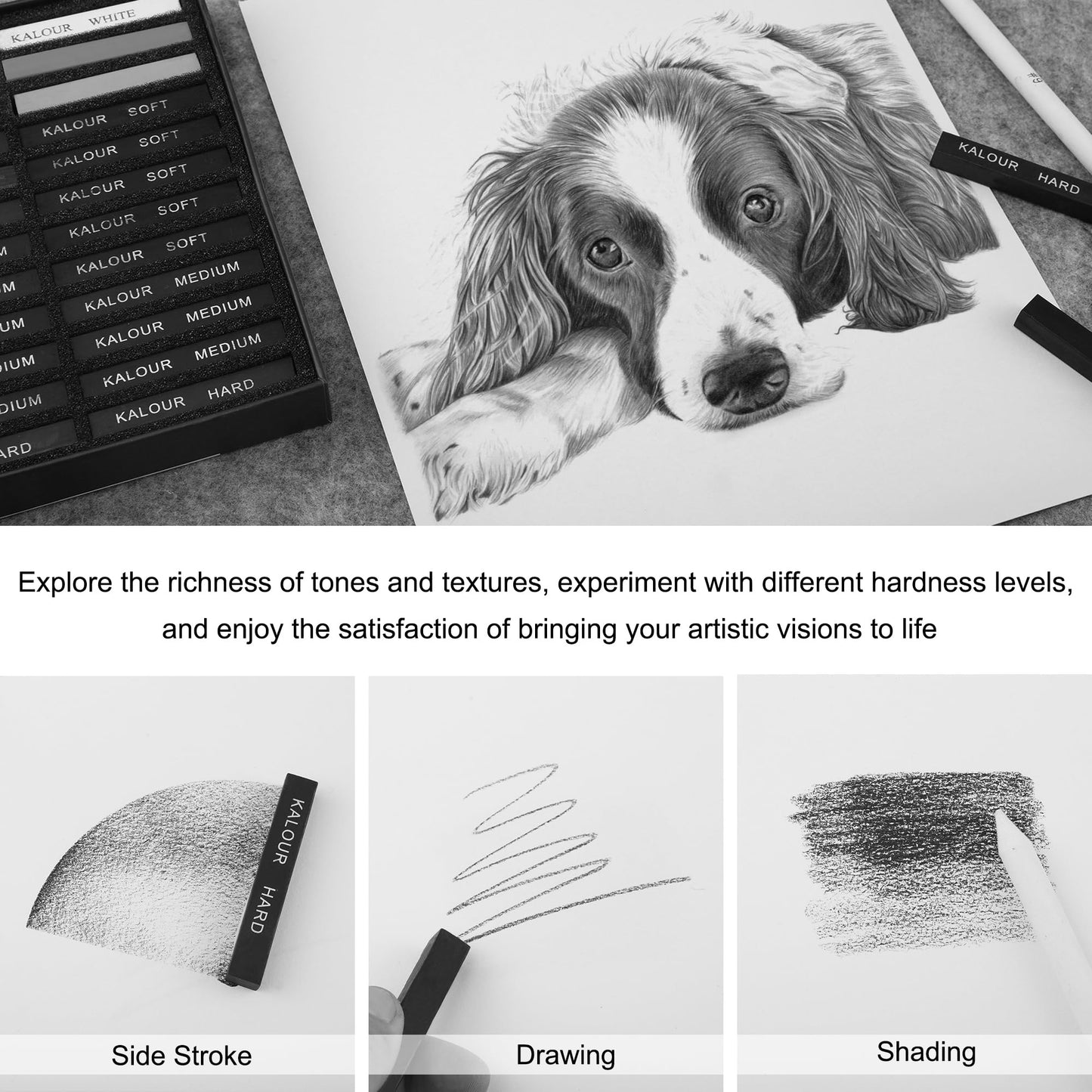 KALOUR 24 Pro Charcoal Drawing Set - Soft,Medium,Hard Charcoal and White - Charcoal Sticks for Drawing Sketching Shading - Art Supplies Gift for Artists Beginners Adults