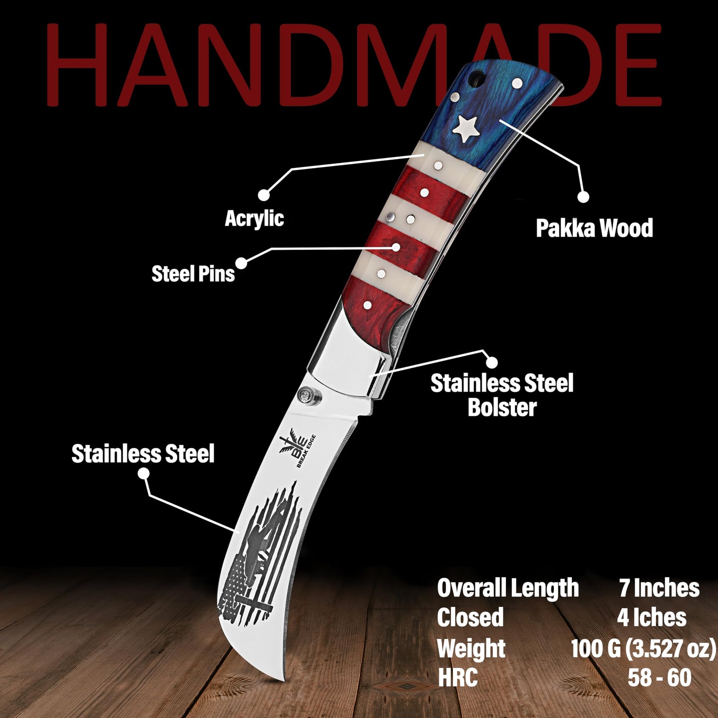BE BREAK EDGE Hawkbill Knife,Folding Pocket Knife with Curved Blade, Lineman Tools, Stainless Steel construction. (White,Red and Blue)