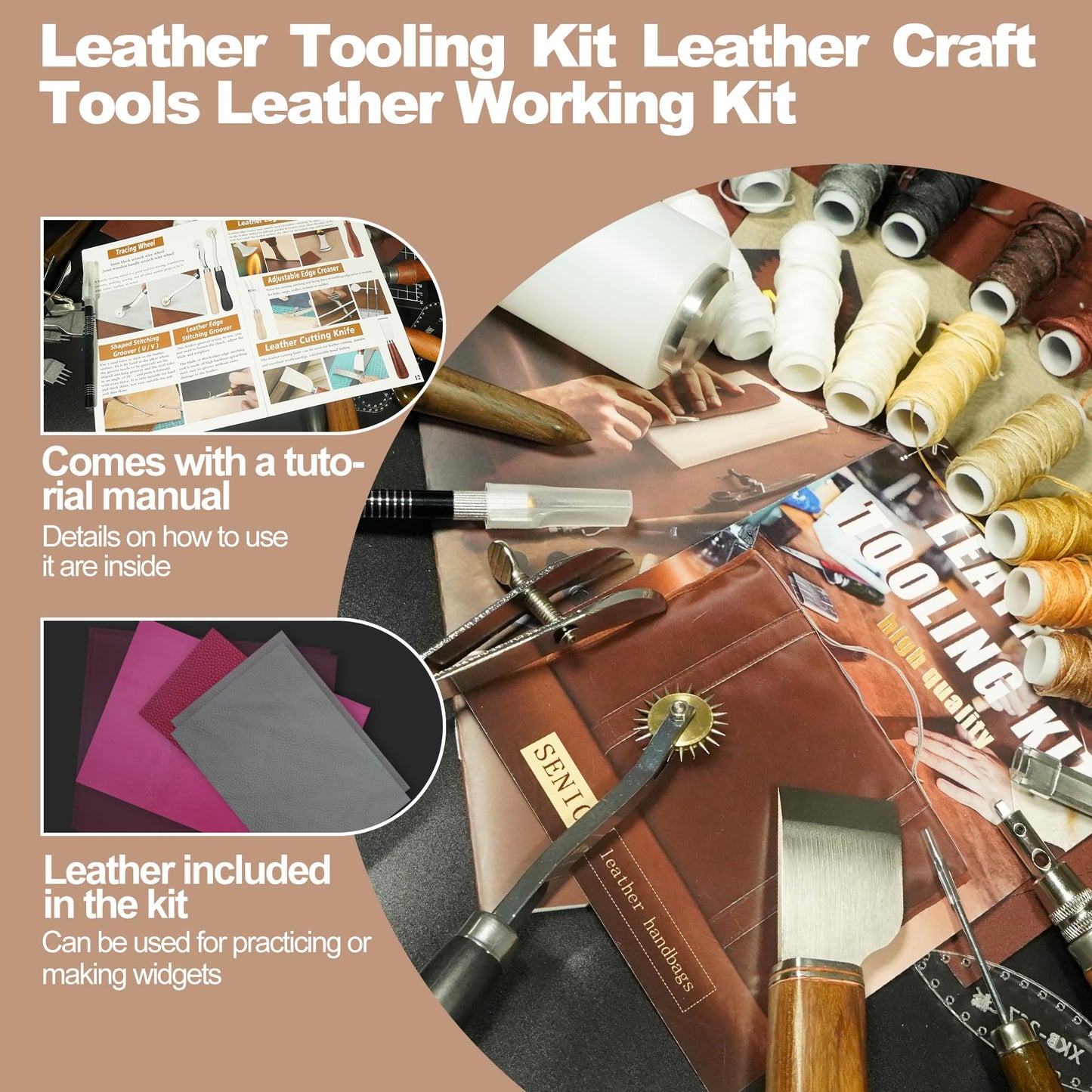 EDIETH Professional Leather Craft Tools Kit Leather Working & Tooling Set with High-Carbon Steel Stamping, Punching, Sewing, Engraving Tools, Custom Cutting Mats for Leathercraft Projects
