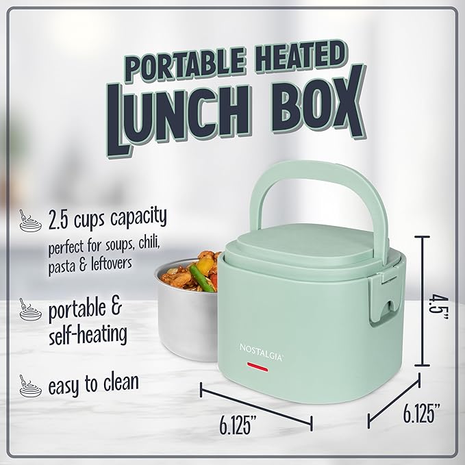 Nostalgia Portable 20-Ounce Electric Heated Lunch Box – Travel Size 2.5 Cup Capacity for Soup, Chili, and Leftovers – Leak Proof Silicone Sealed Lid, Foldable Carry Handle, Detachable Cord – Sage