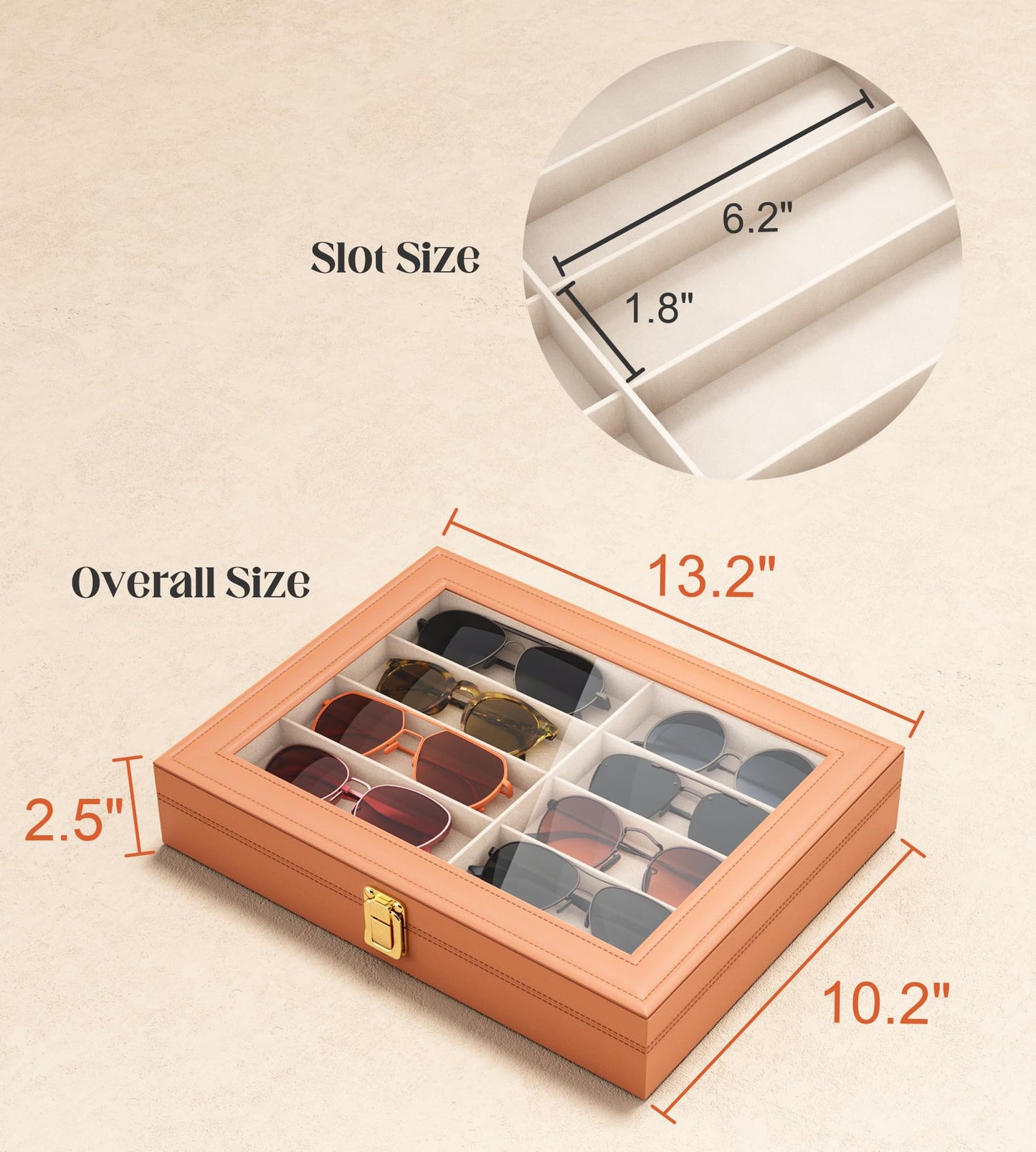 sensok Sunglasses Organizer Storage Box - 10 Slots Eyeglass Display Case for Multiple Pair Glasses, Sunglass Holder with Clear Glass Lid, Jewelry and Watch Collection Box for Women and Men, Brown