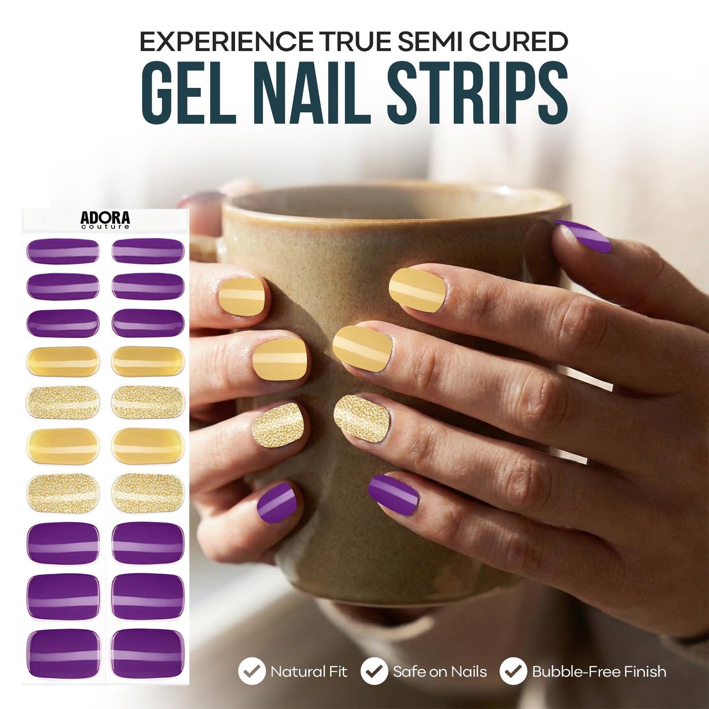 Adora Couture Semi Cured Gel Nail Strips with 20 Pieces - UV Gel Stickers, Manicure Kit, Easy Application Wraps Includes Prep Pads, Nail File, Wooden Stick - UV Light Required (Golden Plum)