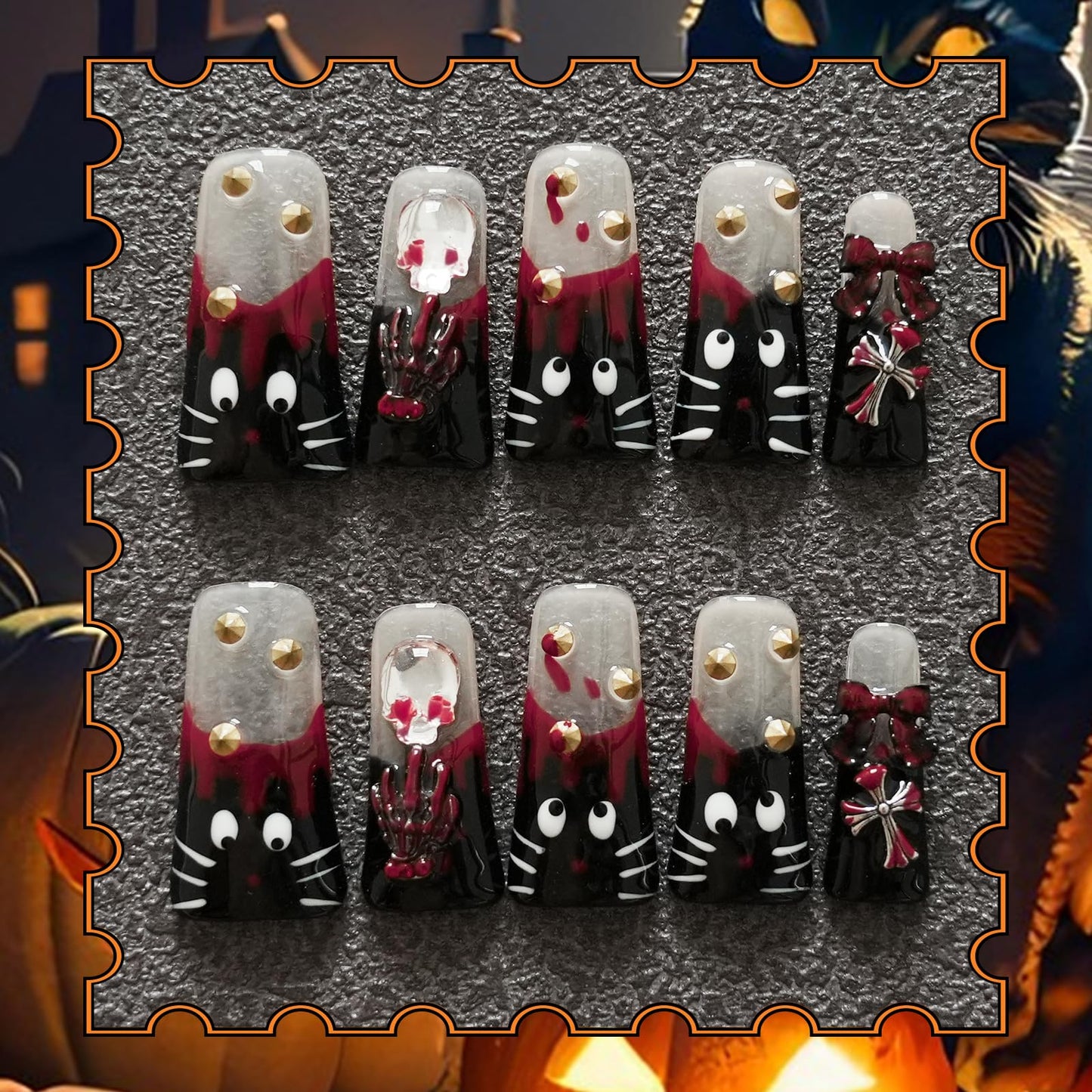 Tesytto Long Duck Gothic Cat Press On Nails - Y2K Red Drip, 3D Skull Cross Bow Charms, Reusable Acrylic Stick On Nails (Hand-Painted Cat, M)