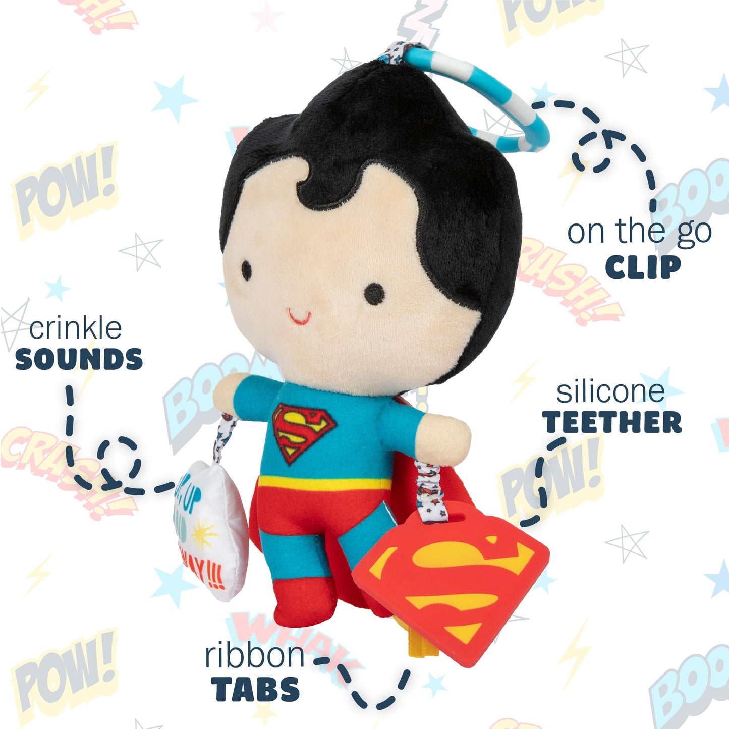 Kids Preferred DC Comics Superman Multi Sensory Activity Toy with Teethers, Crinkle Textures, and Clip for On The Go Fun for Infant and Baby Boys and Girls, Medium
