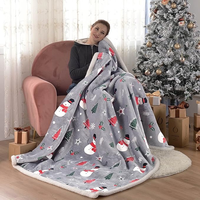 SOCHOW Christmas Holiday Sherpa Fleece Throw Blanket, Fuzzy Warm Super Soft Reversible Plush Blanket for Bed, Sofa and Couch, Snowman and Snowflake Pattern, 60 x 80 inches, Grey
