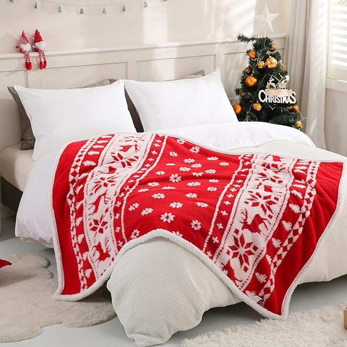 SOCHOW Christmas Holiday Jacquard Sherpa Fleece Throw Blanket, Fuzzy Warm Super Soft Reversible Plush Blanket for Bed, Sofa and Couch, 50 x 60 inches, Red