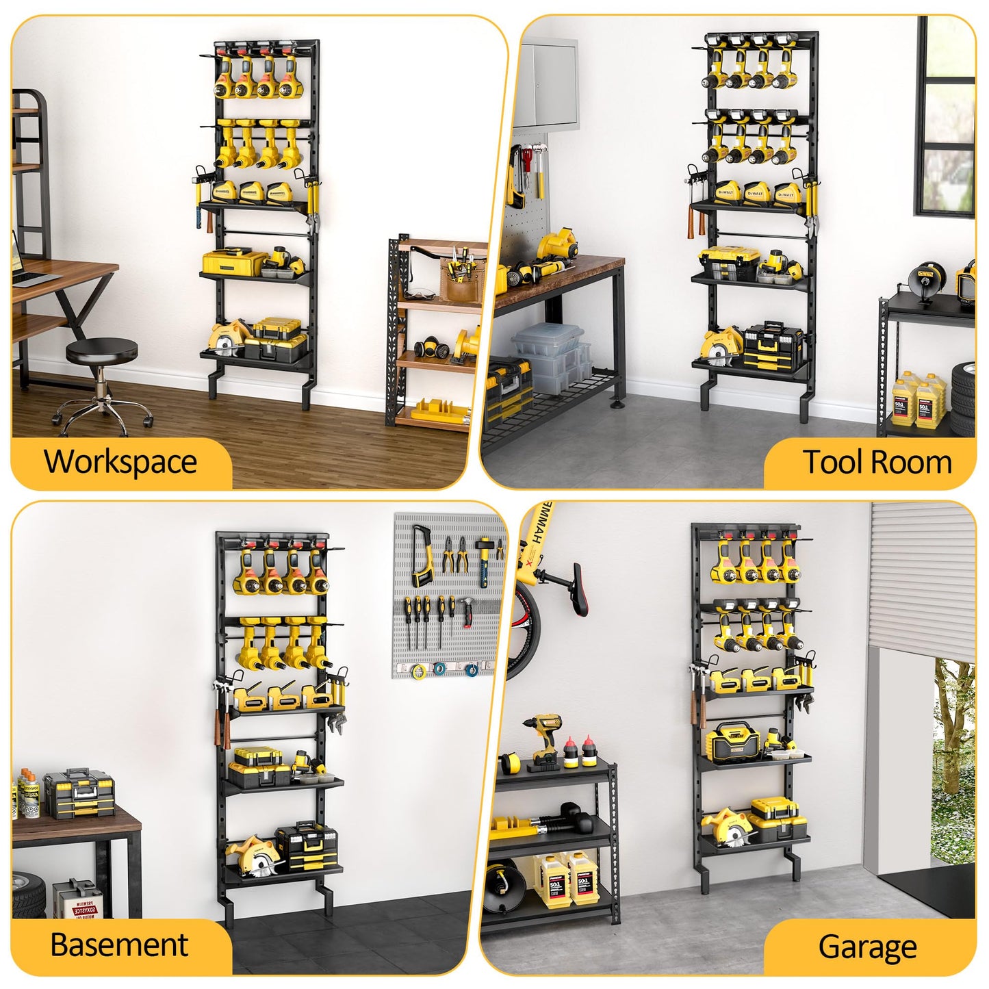 BUKFEN Garage Tool Storage Rack, Wall Mount 5-Tier Heavy Duty Metal Organizer with 8 Drill Holder Slots, Adjustable Shelves, Side Hooks Workshop Utility 1 Pack Black Vertical Space-Saving Organization