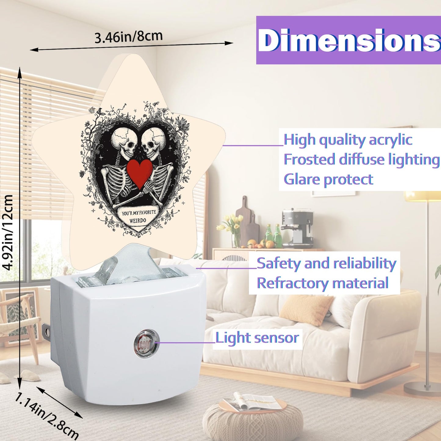 Snowmolle Gothic Skeleton Night Lights Plug Into Wall Decorative,Red Heart Sleep Friendly Lamp, Energy Efficient Dusk-to-Dawn Sensor Nightlights for Kid Bedroom Nursery Bathroom