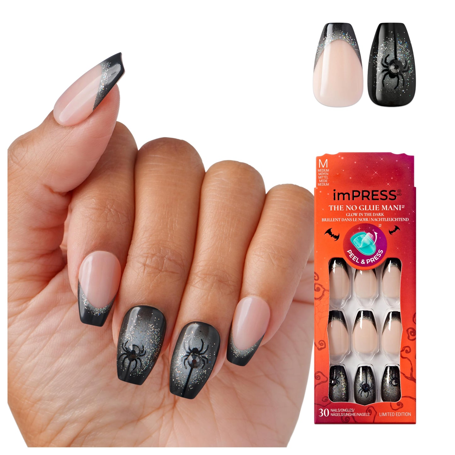 KISS imPRESS Halloween Press On Nails, ‘Bad Idea right’, Black, Medium Coffin, Glossy Finish, No Glue, Glow-In-The-Dark, Includes Prep Pad, Mini Nail File, Manicure Stick & 30 Fake Nails