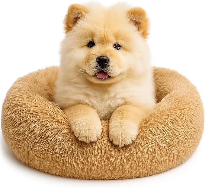 Calming Dog Bed - Fluffy Donut Cuddler for Anxiety Relief, Orthopedic Pet Bed with Non-Slip Bottom, Cozy Round Faux Fur Nest for Dogs and Cats, Plush Crate Mat for Comfort (Camel, Medium)