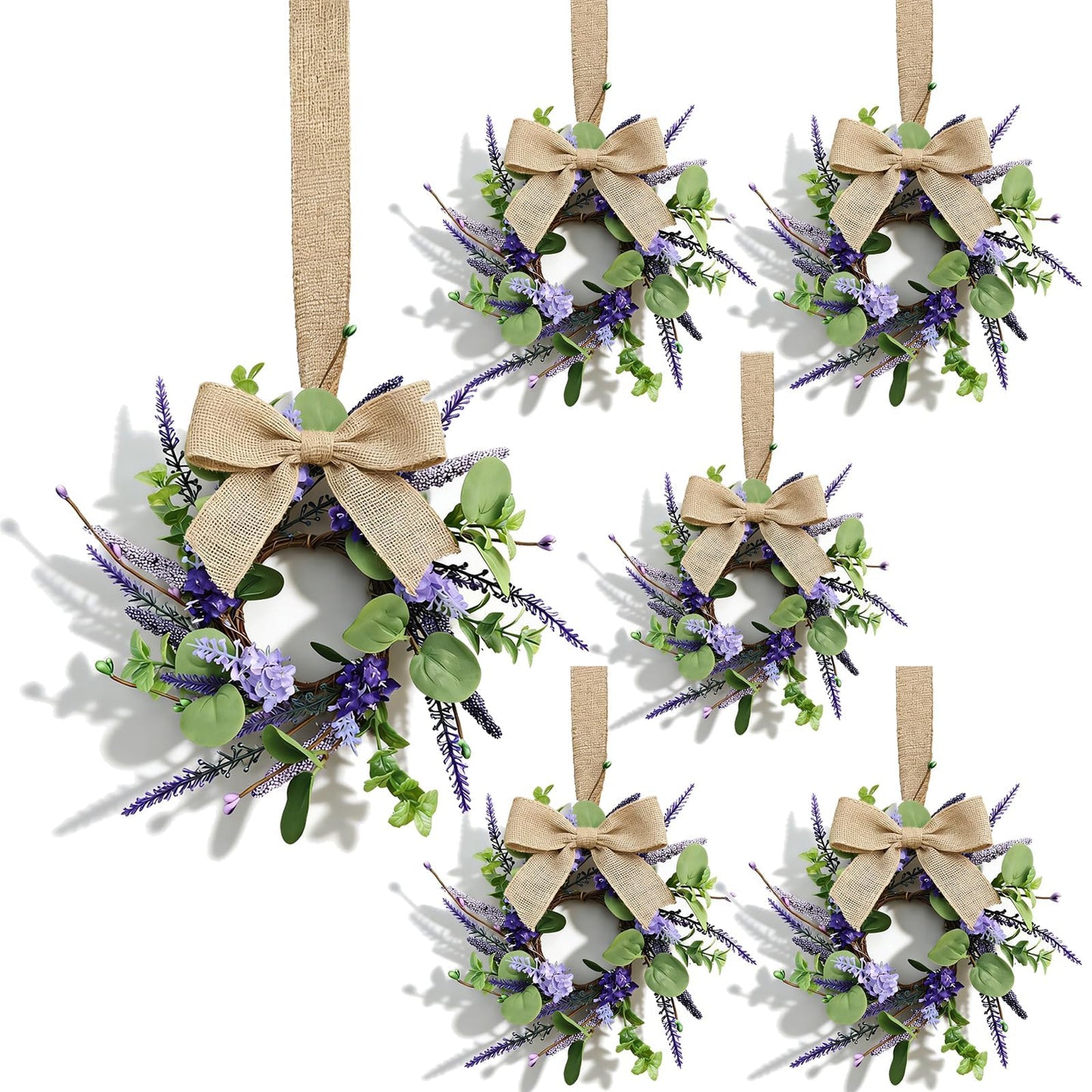 6 Pcs Small Lavender Hanging Wreaths for Cabinets with Violet Hydrangea Flowers and Eucalyptus Leaves Spring Summer Mini Candle Ring Wreath for Home Kitchen Front Door Window Porch Wall Wedding Decor