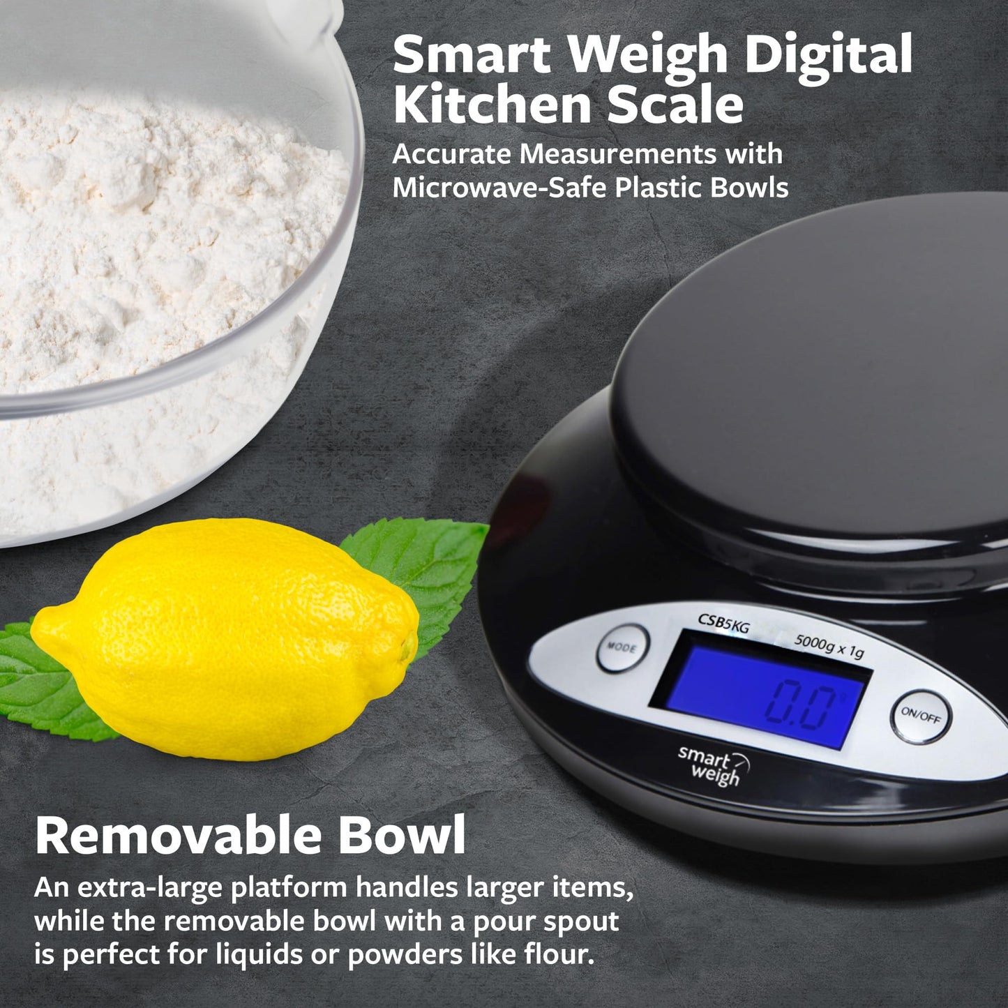 Smart Weigh Digital Kitchen Scale with Removable Bowl – 11lb/5kg Capacity, 0.1oz/1g Precision – High Accuracy Food Scale for Baking, Cooking & Meal Prep (Black)