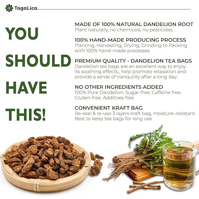 Tagalica, Premium 135 Dandelion Root Tea Bags, 100% Natural & Pure from Dandelion Root, Eco-Conscious Tea Bags, Herbal Tea. No Sugar, No Caffeine, No Gluten, Vegan