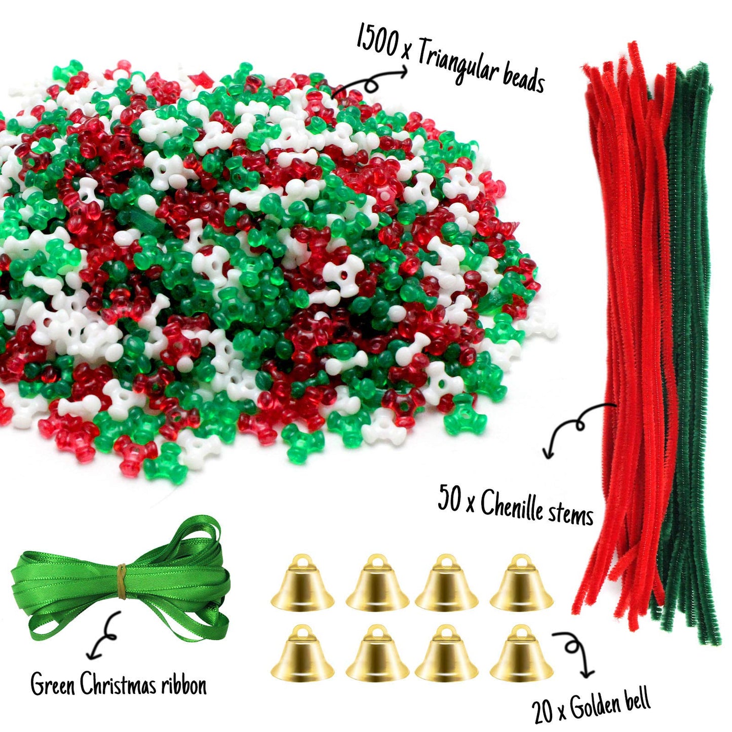 Hifunwu 1570 PCS Christmas Beaded Ornament Kit Plastic Tri-Shaped Beads with Pipe Cleaners for Christmas Craft Tree Hanging