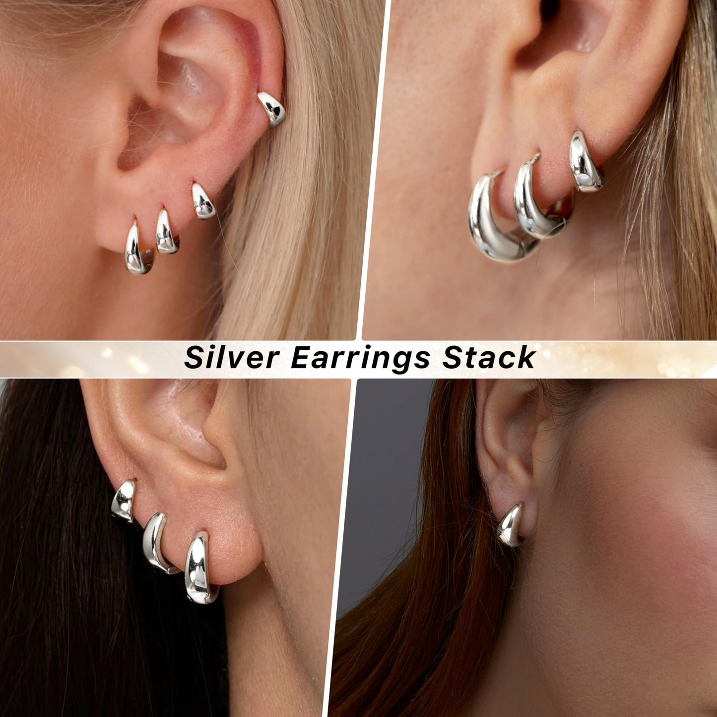 Silver Chunky Huggie Hoop Earrings Set for Women Men Silver Stack Cartilage Earrings Sets for Multiple Piercing Lightweight Mini Thin Cute Dainty Trendy Clip On Jewelry Gifts