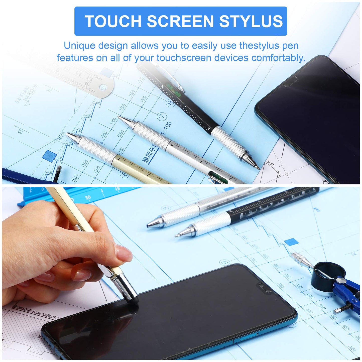 Honoson 30 Pcs Tool Pen for Men Gift 6-in-1 Multitool Tech Tool Pen with Ruler, Level Gauge, Ballpoint, Stylus, Screwdriver and Slotted Screwdriver Multifunction Gift for Him Dad Father Day