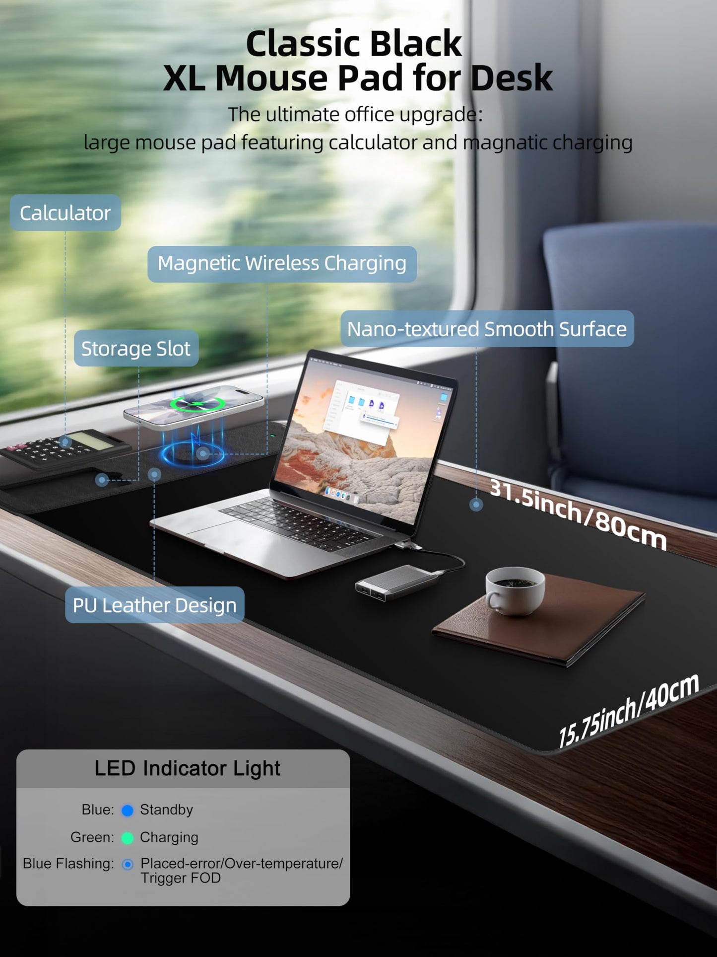 Mouse Pad 31.5x15.75 Inch with Calculator, 15W Magnetic Wireless Charging Desk Mat, XXL Desk Pad, Home Office Large Keyboard Pad with Ultra-Smooth Surface, Non-Slip Base (Black with 20W PD Charger)