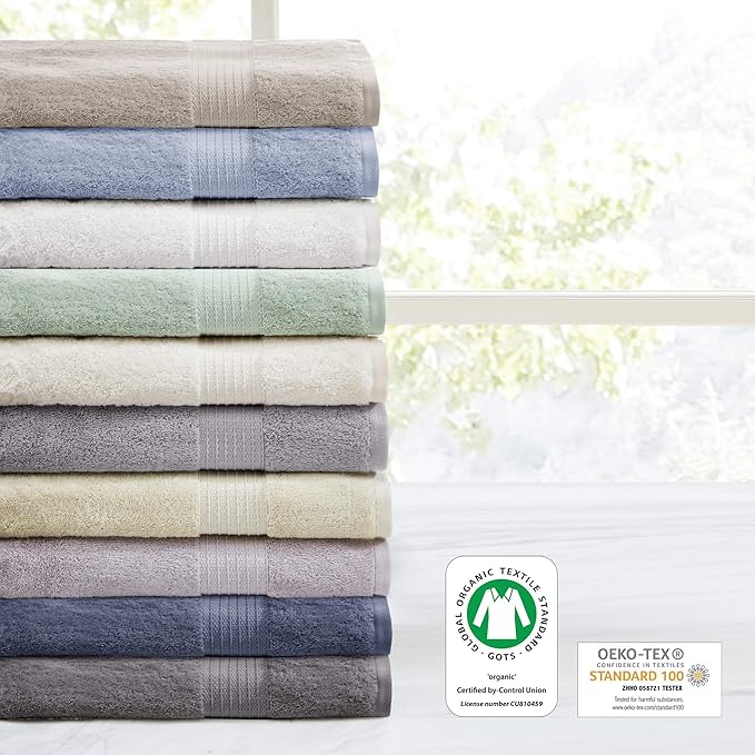 Madison Park Organic 100% Cotton Bathroom Towel Set, Hotel & Spa Quality Highly Absorbent, Quick Dry, Include for Shower, Handwash & Facial Washcloth, Multi-Sizes, Tan (Pack of 2)