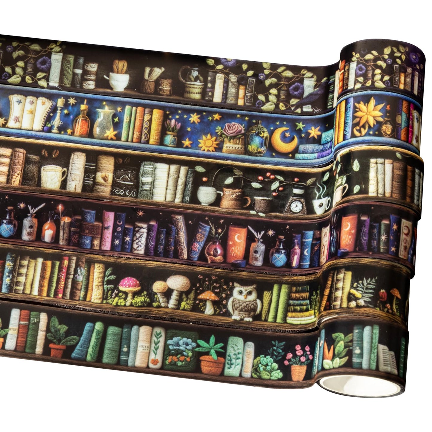 AuriicLeaf Magician’s Bookcase PET Tapes – 6 Rolls of Fantasy Embroidery-Style Bookcase Designs with Clip, for Scrapbook, Journal, Junk Journal, Planner and DIY Decor