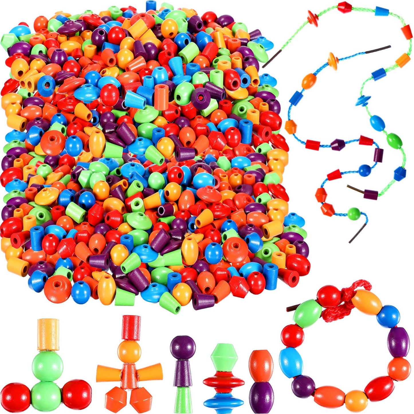 Shappy 324 Pcs Wooden Lacing Beads for Wooden String Beads Threading Toys Montessori Lacing Toys Fine Motor Skills Developmental Educational Plaything Sensory Occupational Therapy Activities Autism OT