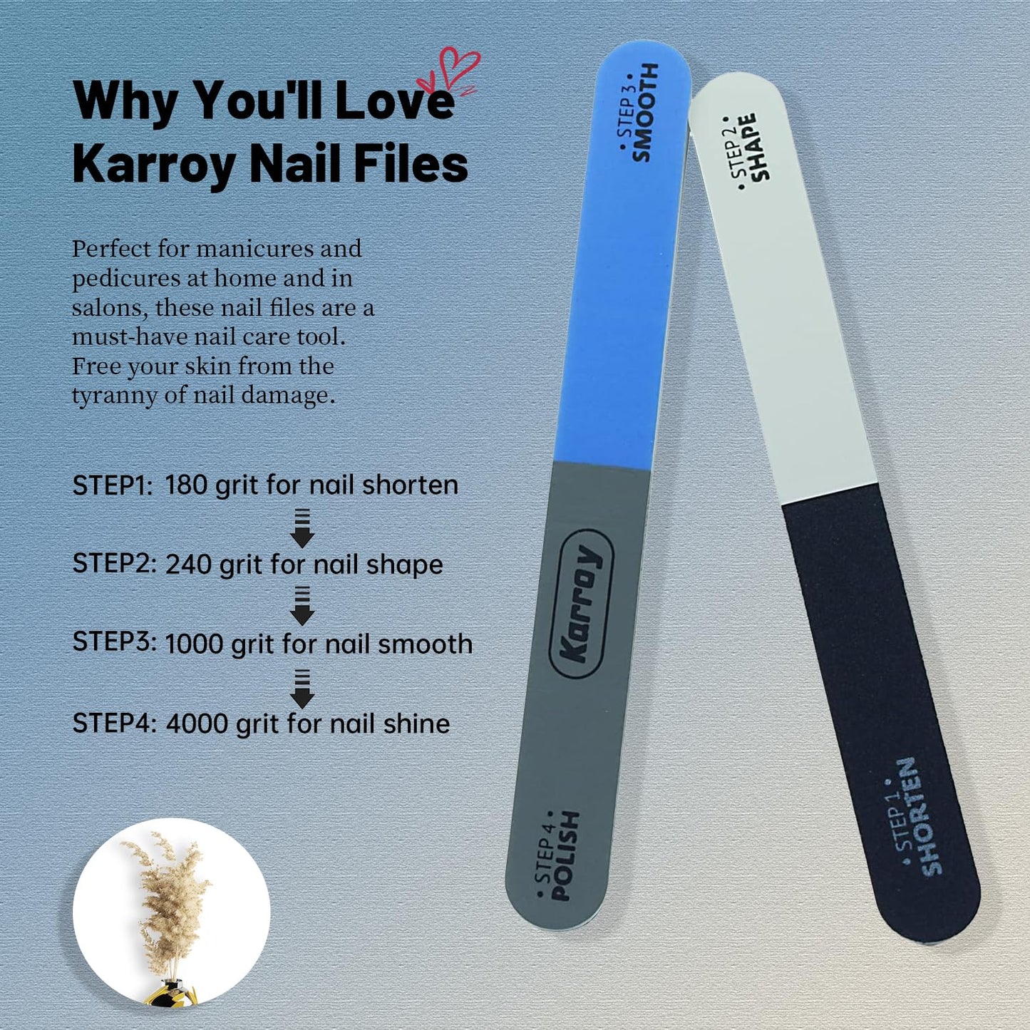 Karroy Nail File and Buffer for Natural Nails Dual Sided 4 Steps Shorten-Shape-Smooth-Polishing Nail Tools 20pcs