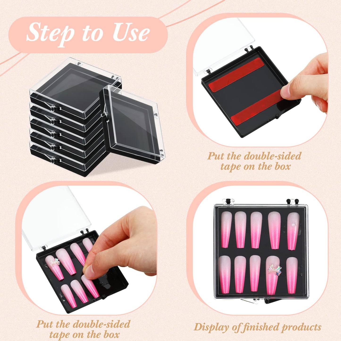 Landhoow 15 Pcs Press On Nail Boxes Nail Display Case with 30 Adhesive Tape, Artificial Press On Nail Container, Acrylic Storage Organizer(Black)