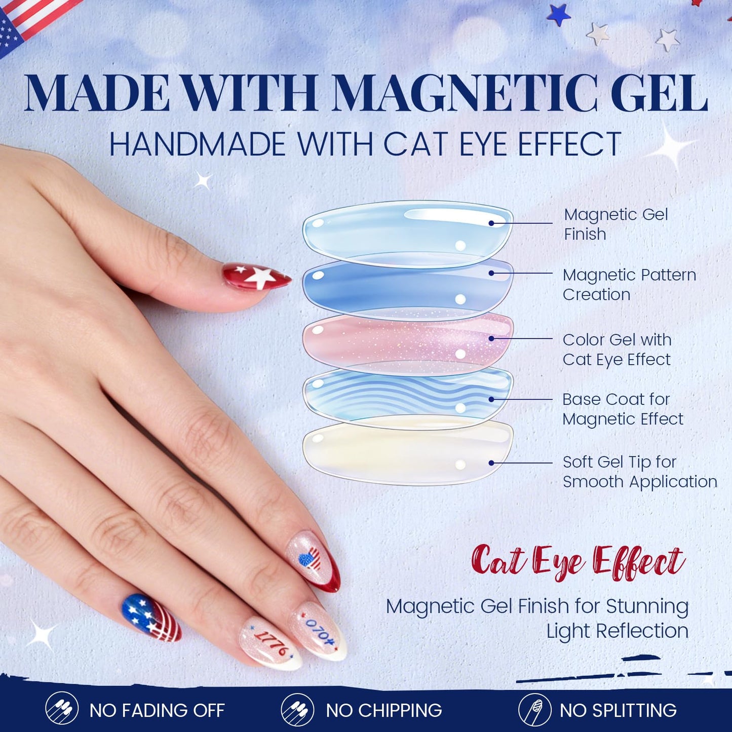 SKUPHI 4th of July Press On Nails, Short Almond Cat Eye Pearl Gloss Finish, Salon Quality Handmade Reusable Stick On False Nails 32 Nail Kit-16 Sizes