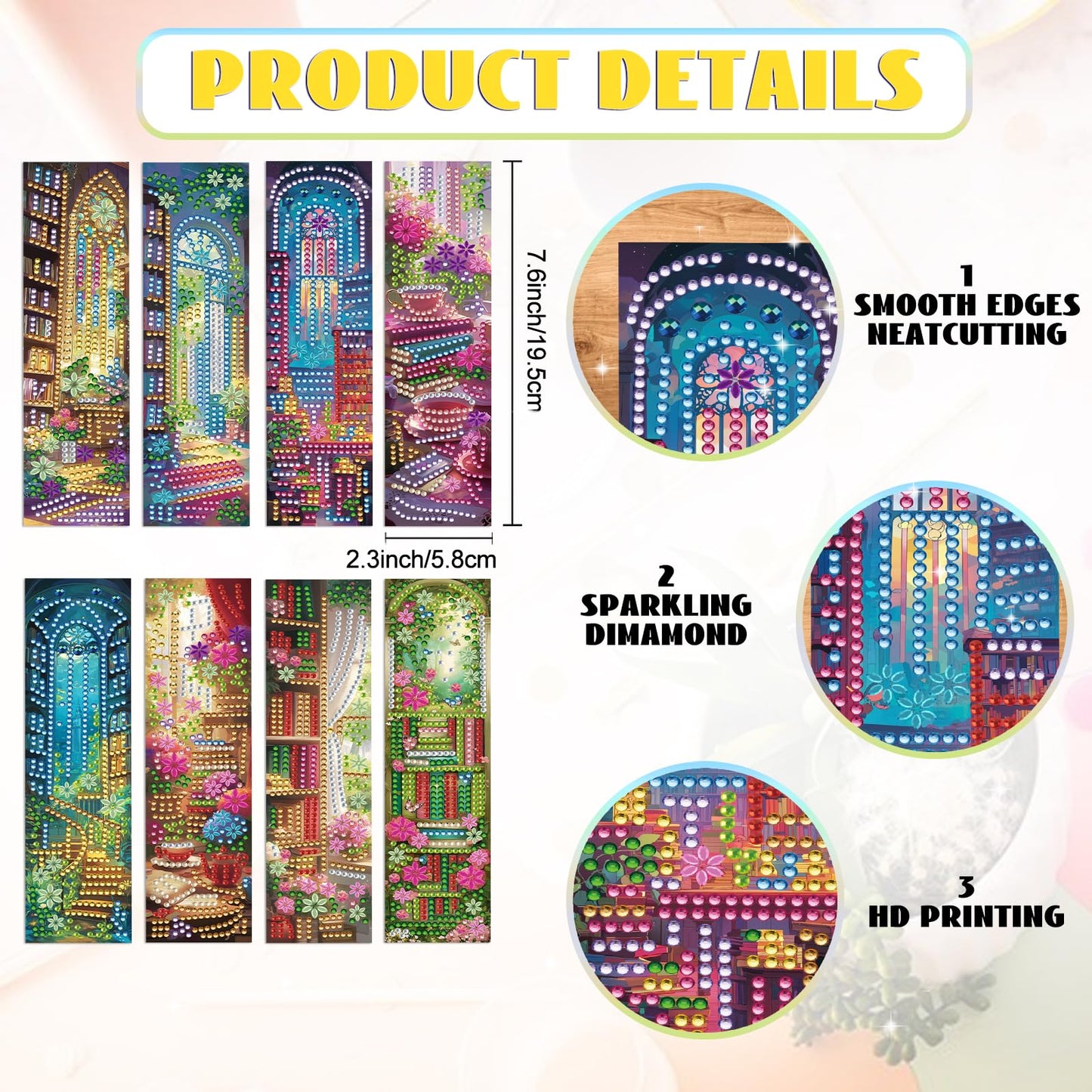 FREEBLOSS 8 Set Diamond Art Kits Bookmarks Flower Library Pattern Diamond Painting Bookmark DIY Book Makers Kits Arts and Crafts for Gift Book Lovers 2.3x7.7