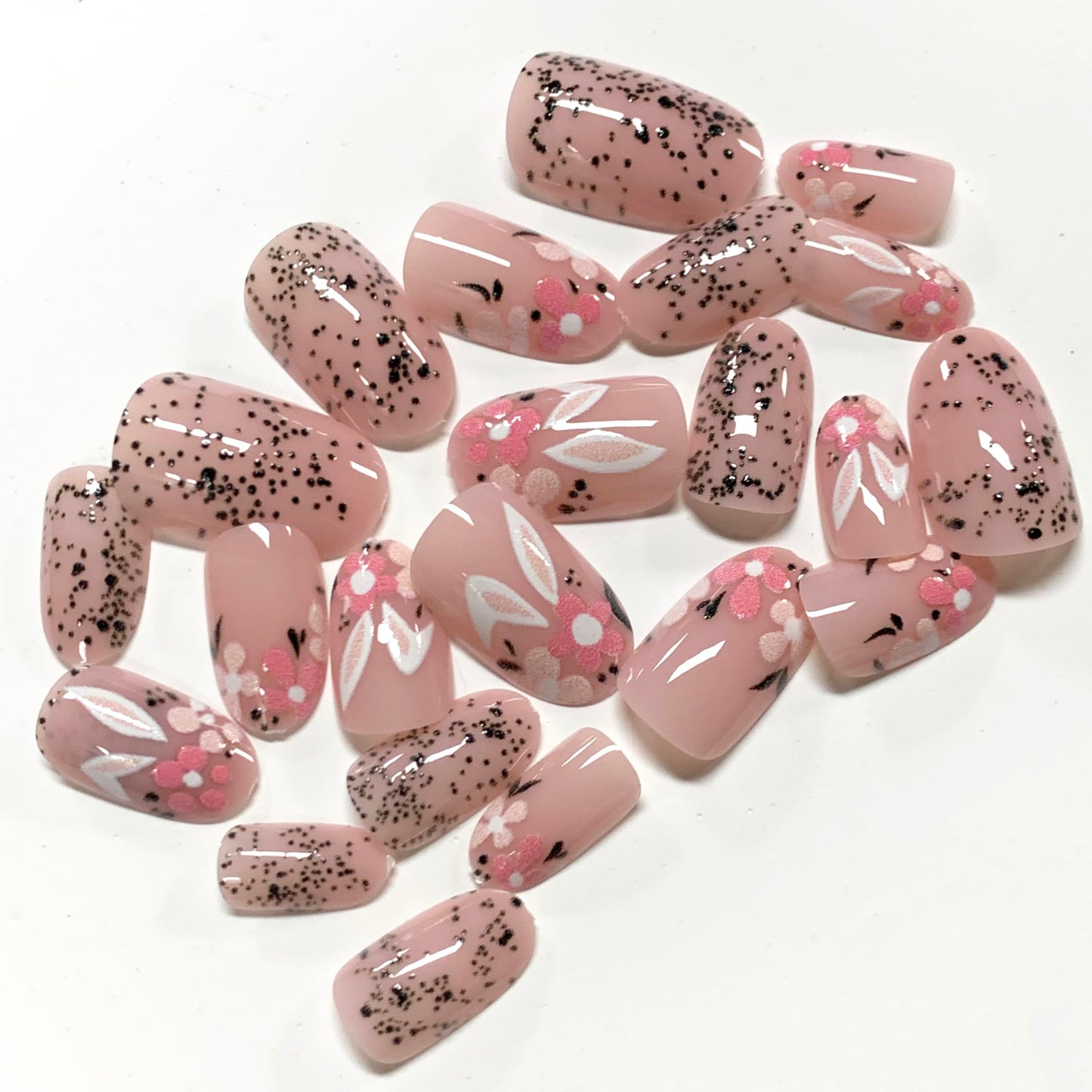BABALAL Pink Press On Nails, Short Round Fake Nails, With Floral & Rabbit Anime Design, Easter Cute Glossy Full Cover Glue On Nails For Women And Girls 24Pcs