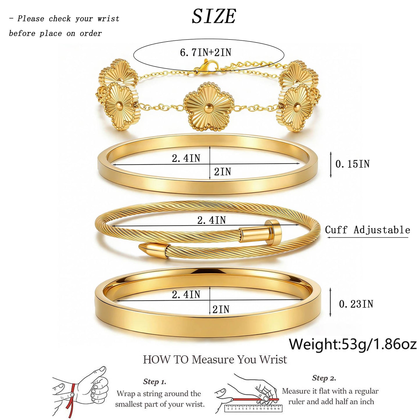 ISELBDR 18K Gold Bangle Bracelets for Women - Stackable Clover & Nail Love Bangle Set - Non-Tarnish Jewelry for Birthday Valentine's, Mother's Day & Christmas (Gold-A)