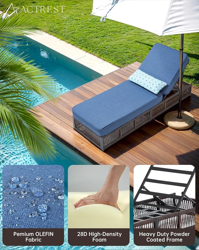 Luxury Outdoor Chaise Lounge Chairs of 2 with 5 Inch Thick Cushions and Side Table - 3 PCS High Back Brown Wicker Patio Recliners Lounger Furniture Set for Poolside Sunbathing - Navy Blue